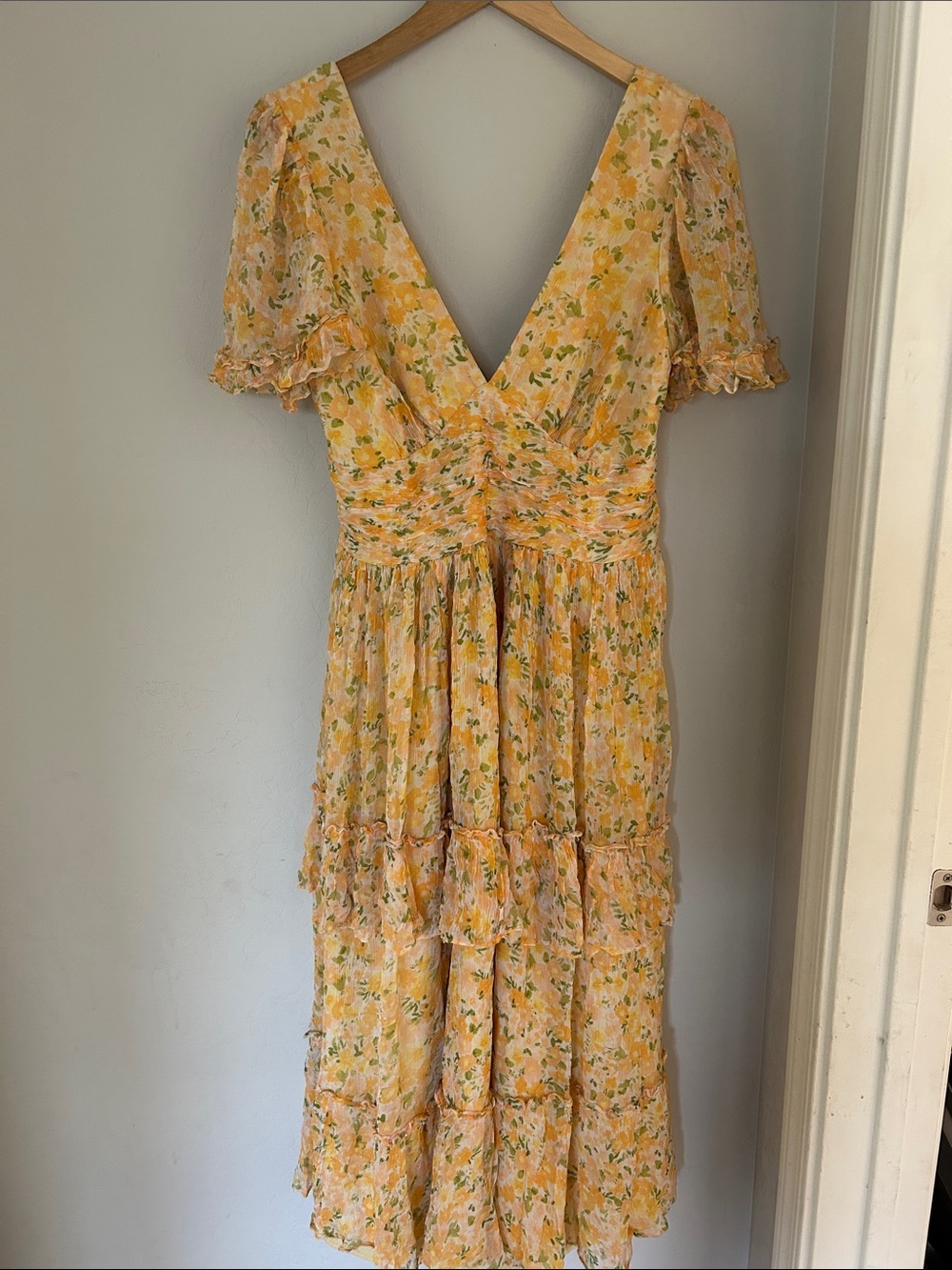 BHLDN by anthropology Naomi dress Yellow Floral V-Neck Ruffle Tiered Midi Dress - Picture 1 of 5